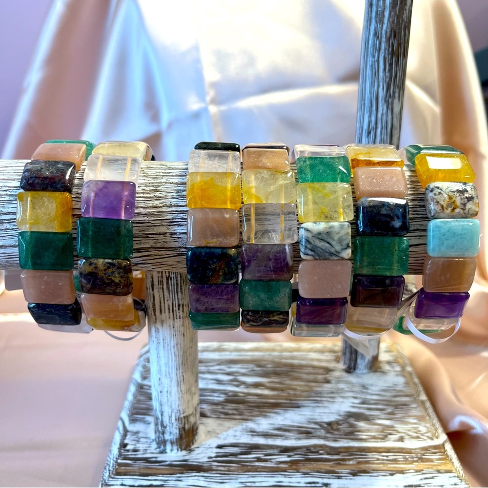 Rainbow Multi Gemstone Natural Healing Crystal Stretch Bangle Bracelet